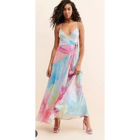 Anthropologie Hutch Alden Sequin Dress Size XS Rainbow Floral Wrap Maxi - Picture 1 of 11